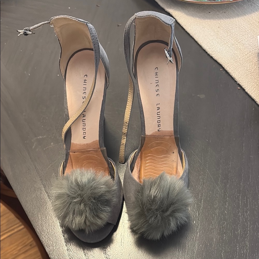 Chinese Laundry Gray Women's Suede Heels with Pom Pom